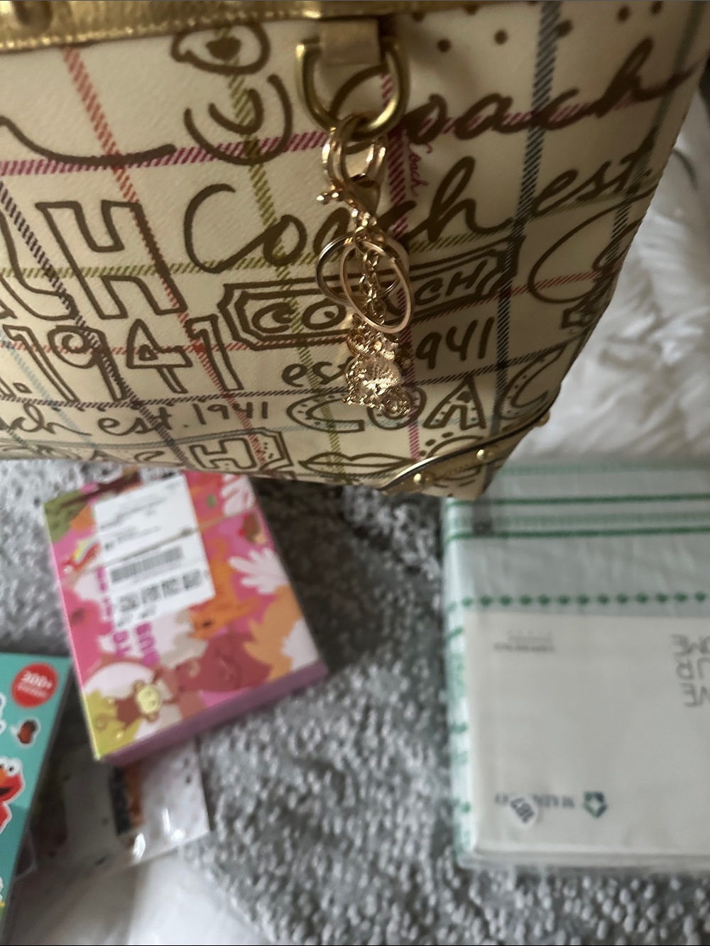 Coach Cream Logo Grid Tote with Gold Trim and Charm - Picture 4 of 5